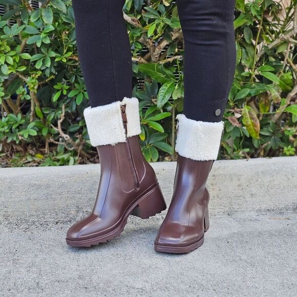 Women's Chunky Block Heel Ankle Boots Brown Color - Picture 4 of 5